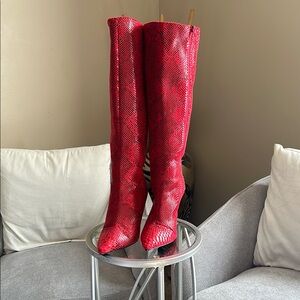 Red Over the Knee Boots with Sleek Silhouette